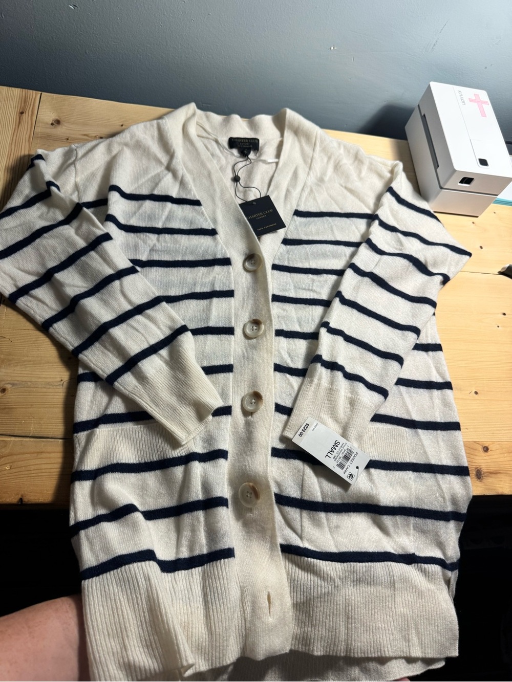 100% cashmere charter club Cream & Navy Striped Button-Front Sweater